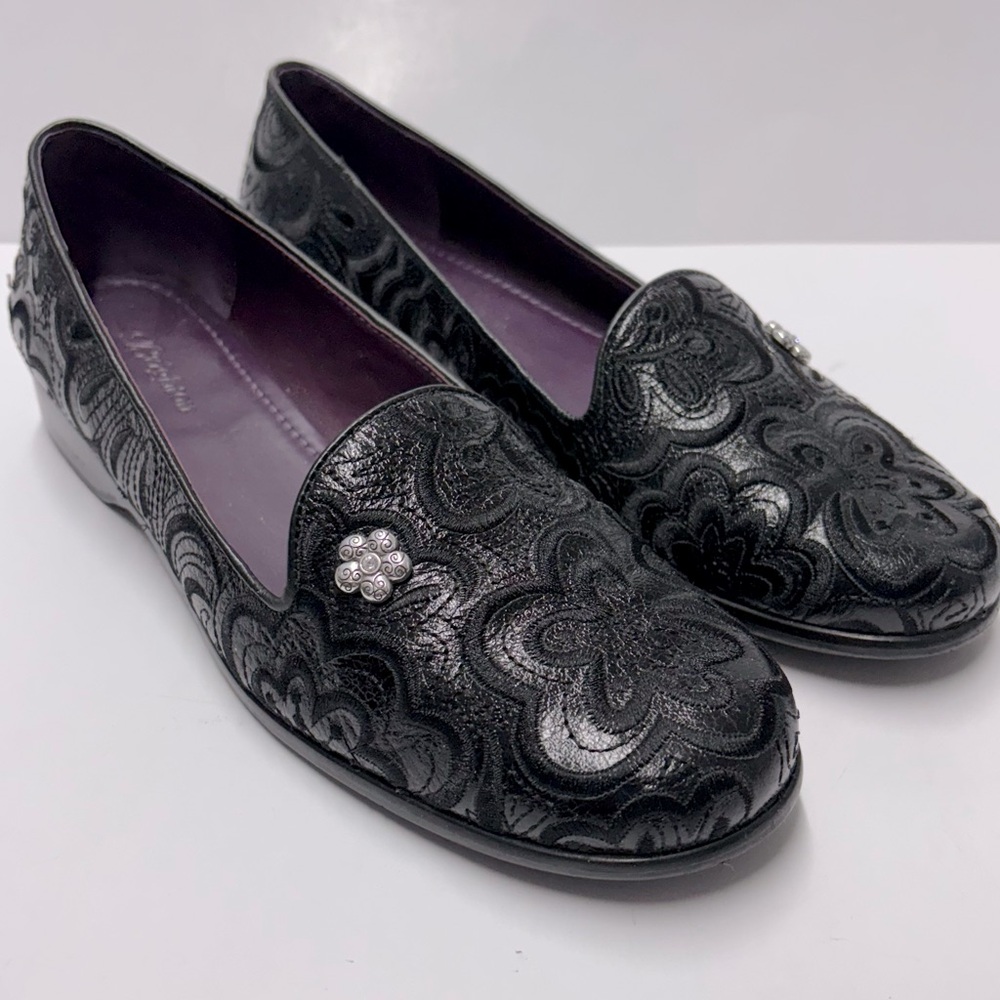 Brighton Black Floral Embossed Leather Slip-On Flats with Purple Lining